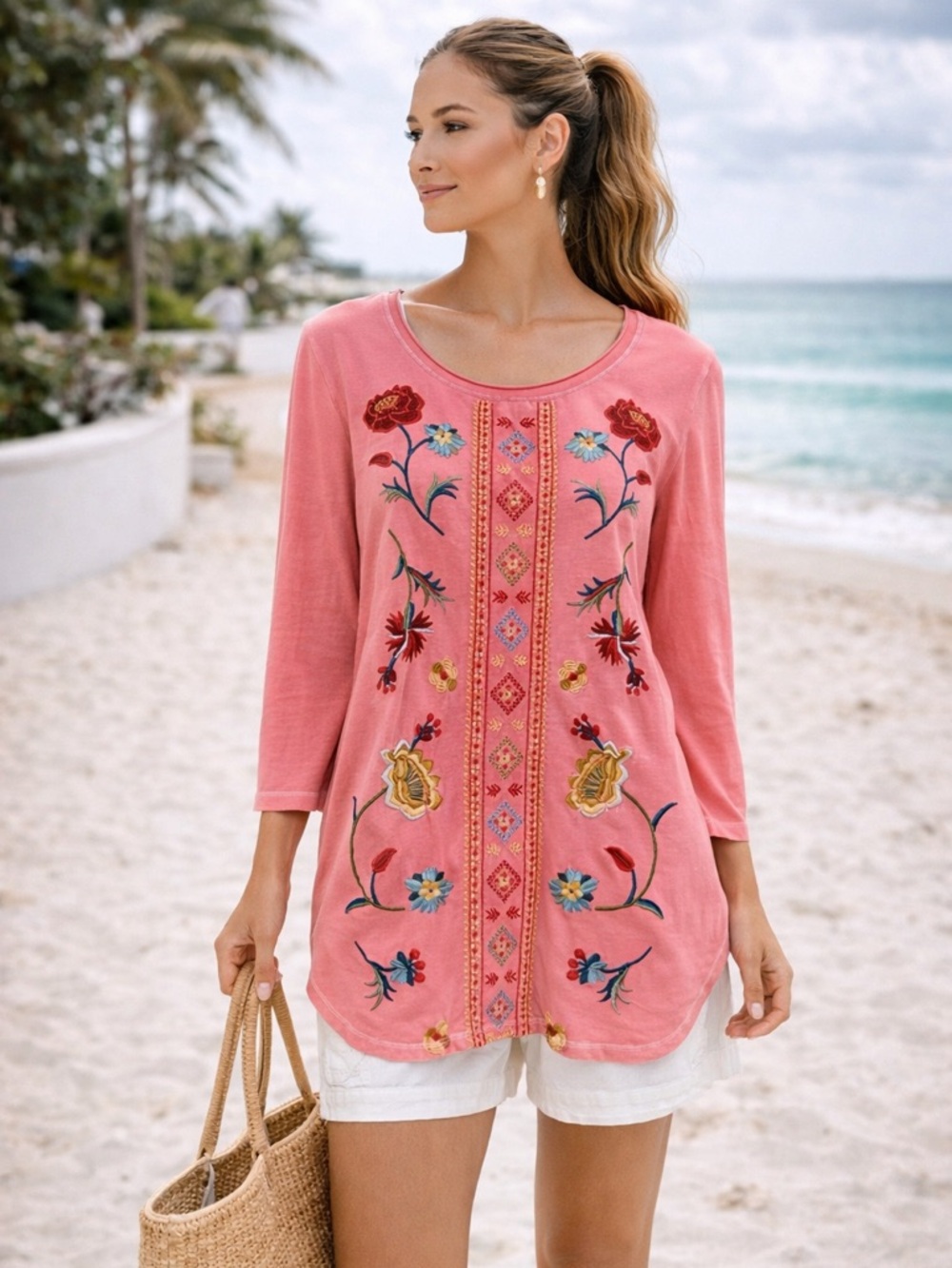 Caite Pink Embroidered Floral Tunic‎ Top Boho Resort Beachy Sz S